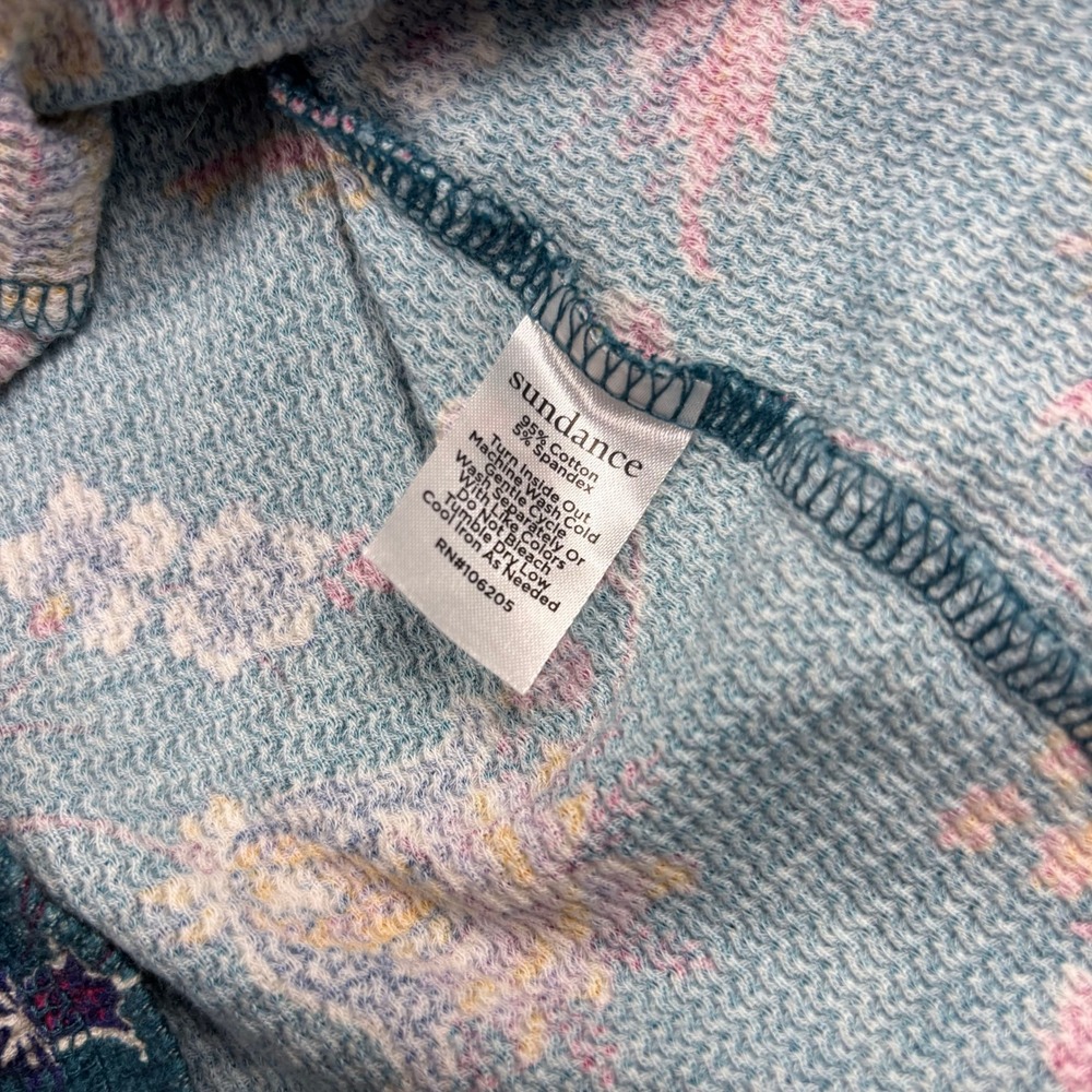 Sundance Women's S Teal Floral Velvet Button Cuff Thermal Top Artsy Boho - Picture 4 of 5
